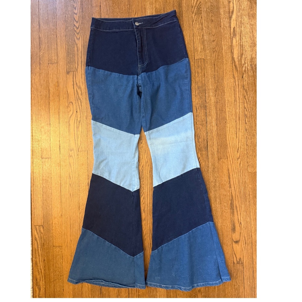 Altar'd State Patchwork Flare Jeans Womens High Waisted Blue Colorblock Bell